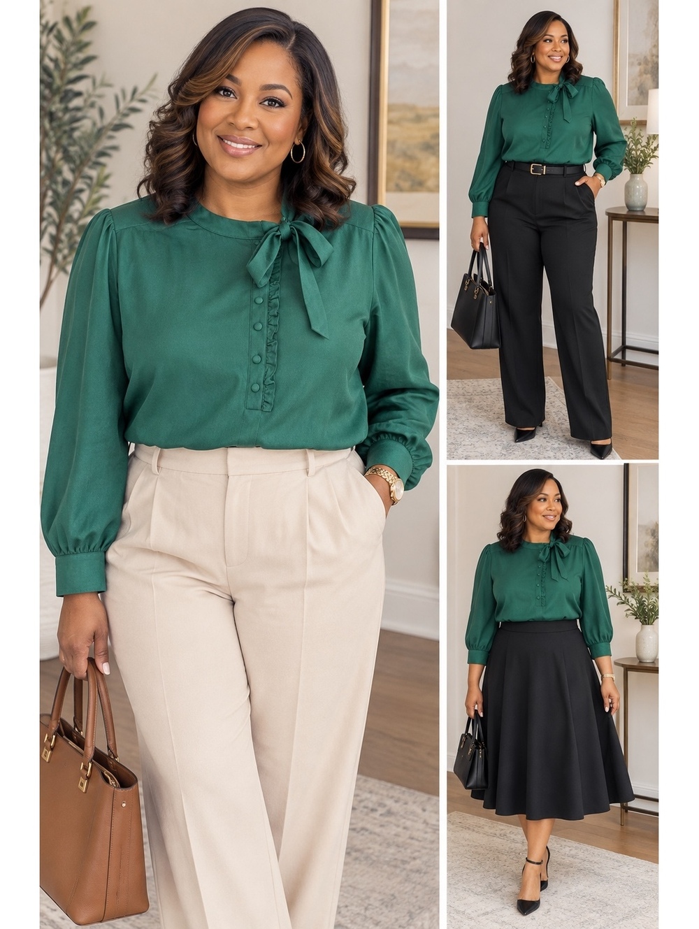 Tulip B Green Long Sleeve Blouse with Bow Tie Neck, Size M